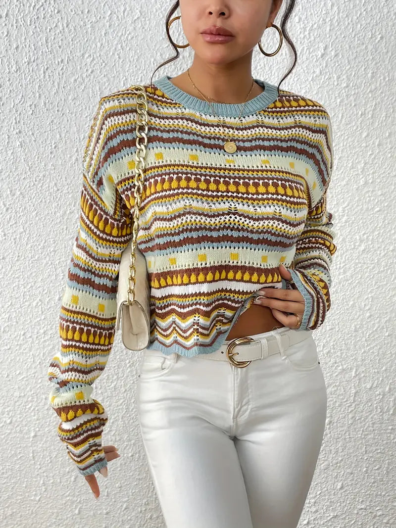 Sweater with eyelet knit with ethnic print