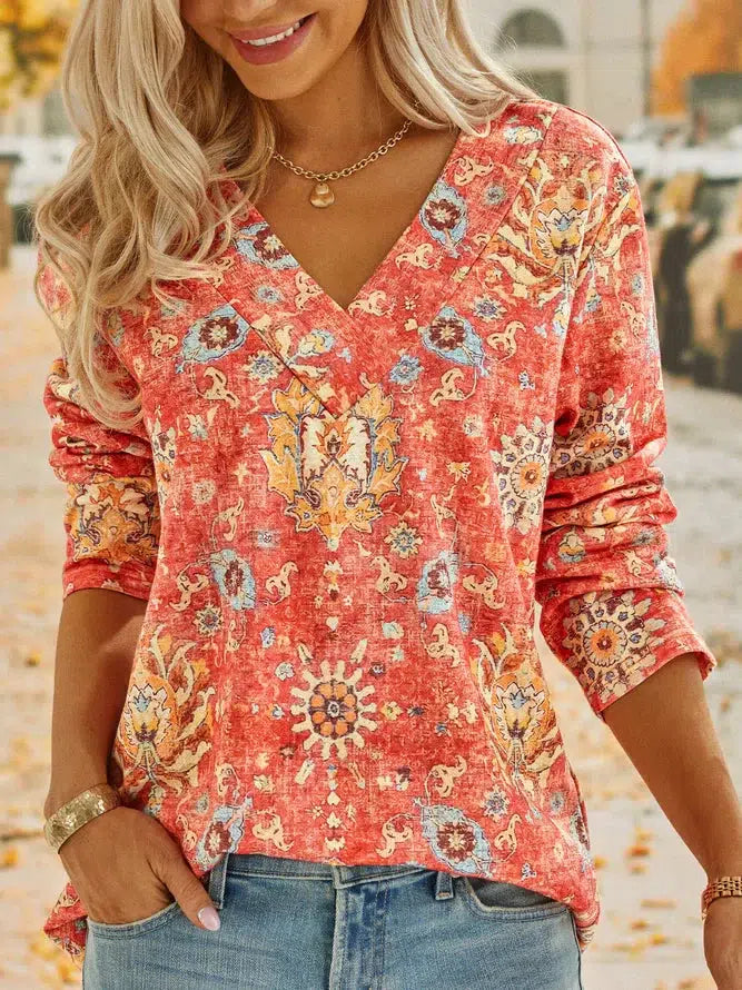 Boho Summer Flower Red V-neck Top