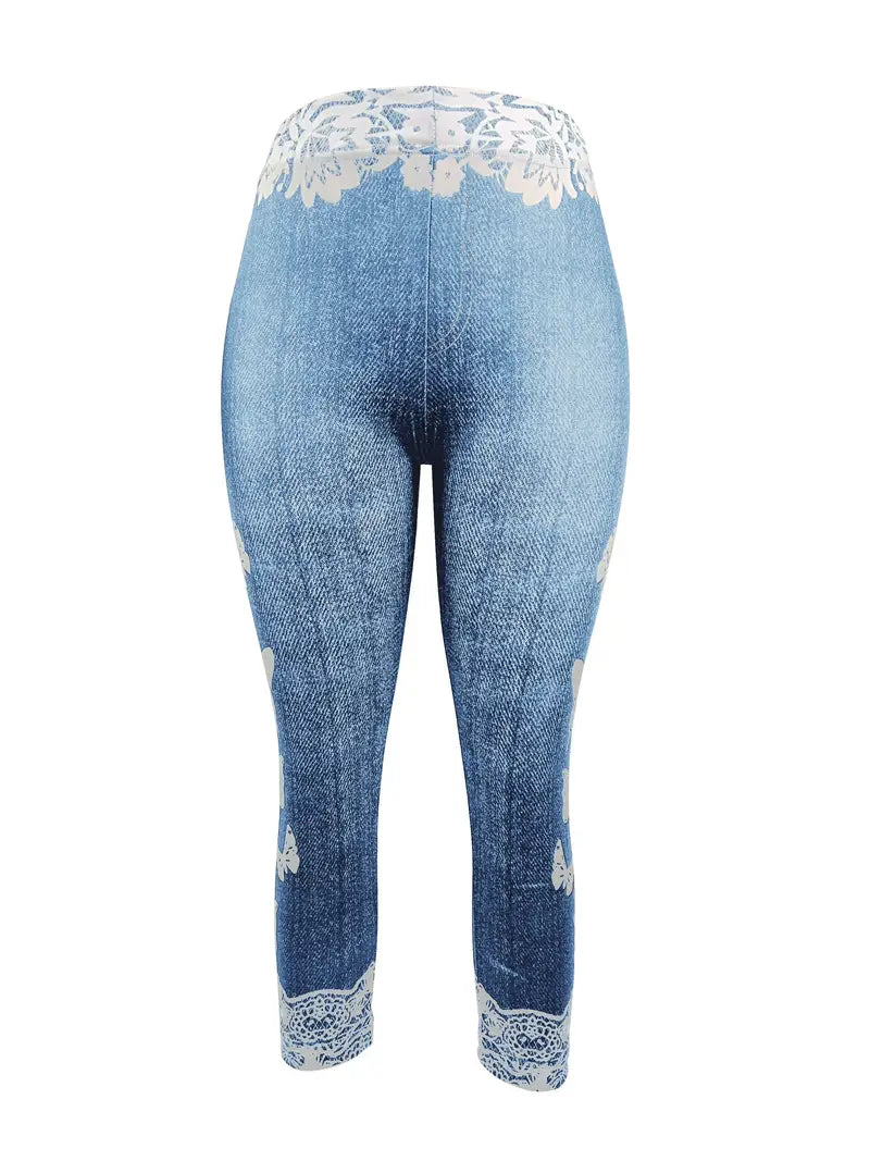 Blue denim lace butterfly Capri jeans