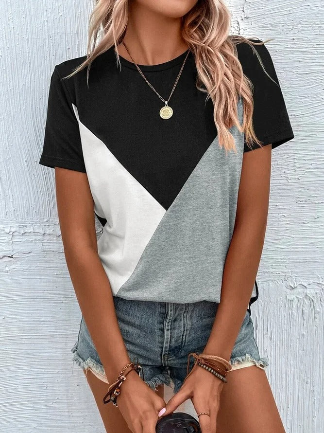 Basic Color Block Round Neck Top