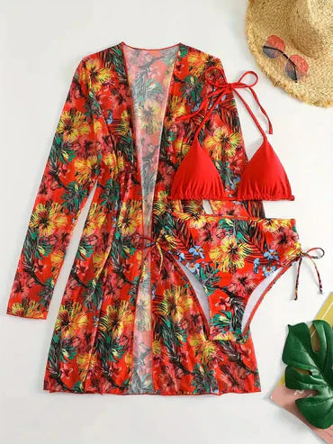 Striking red swimwear with print