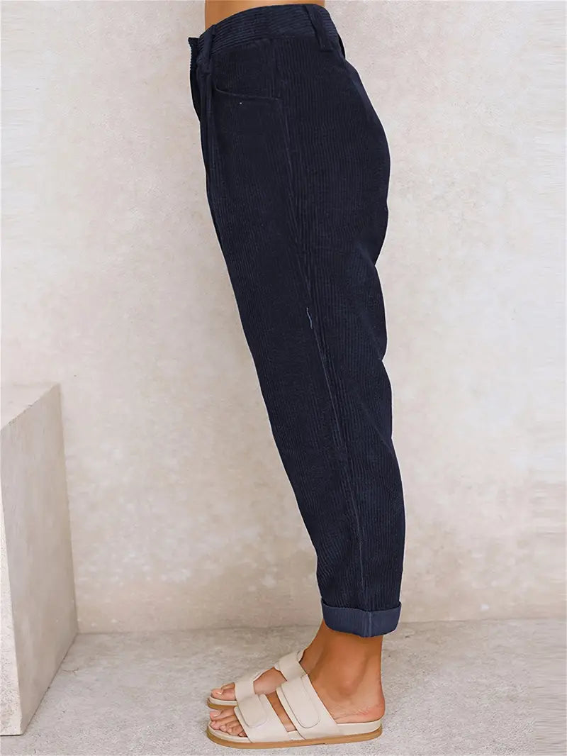 Navy Blue Cord Pintuck Culotte Casual Pants