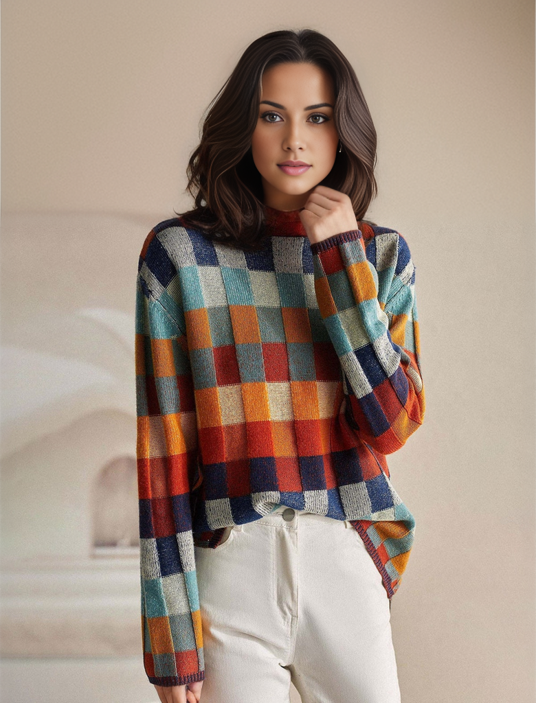 Autumn jumper with high neckline in checkerboard pattern