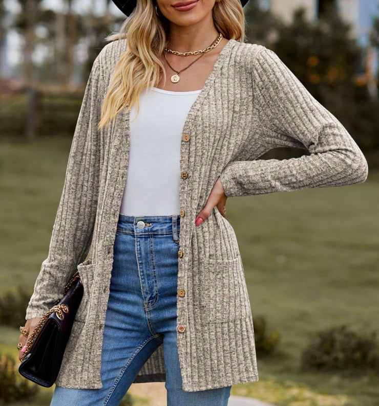 Solid color cardigan in apricot with long sleeves