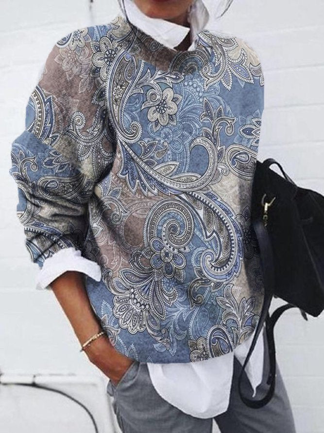 Long sleeve top with blue floral paisley print