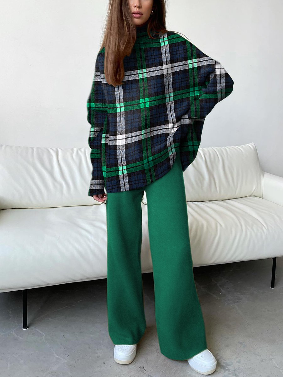 Casual Scottish check pattern for women, off the shoulder, loose suit