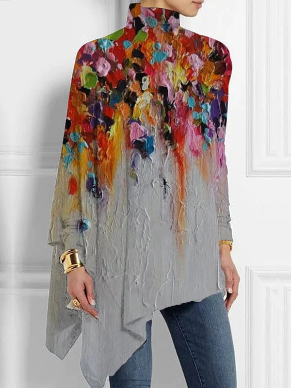 Asymmetrical top with floral watercolor pattern and high neckline