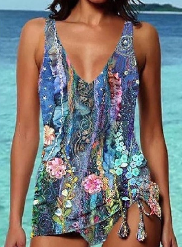 Tassel Oceanic Blue Print Tankini Swimsuit