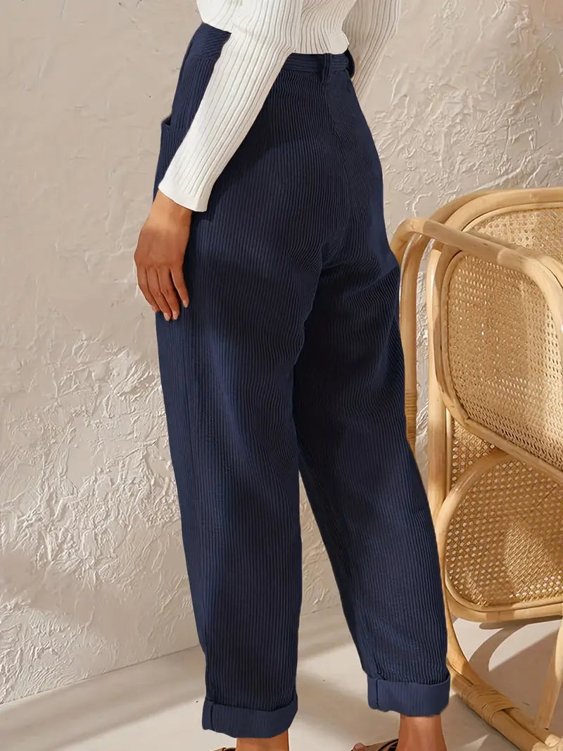 Navy Blue Cord Pintuck Culotte Casual Pants