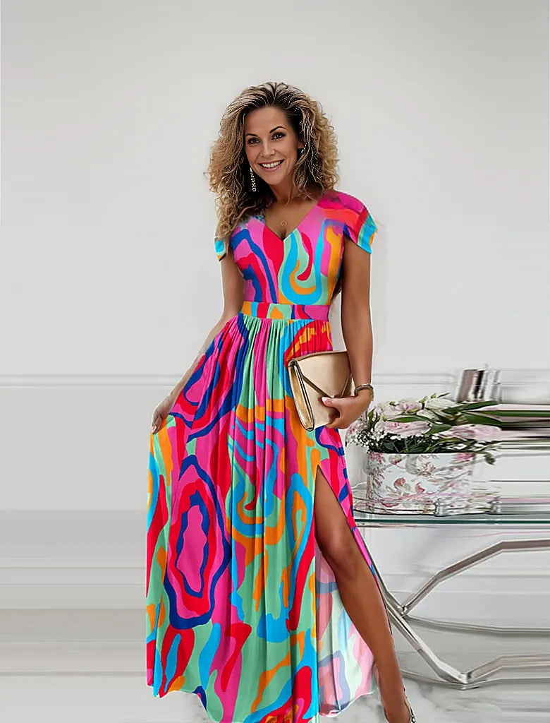 Colorful Swirl Cold Shoulder Dress With High Slit Maxi Dress