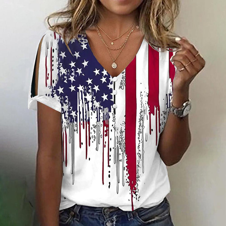 USA Flag Dropped Split Sleeves White T-Shirt