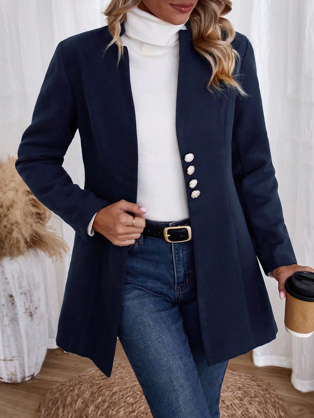 Navy blue long sleeve monochrome outerwear