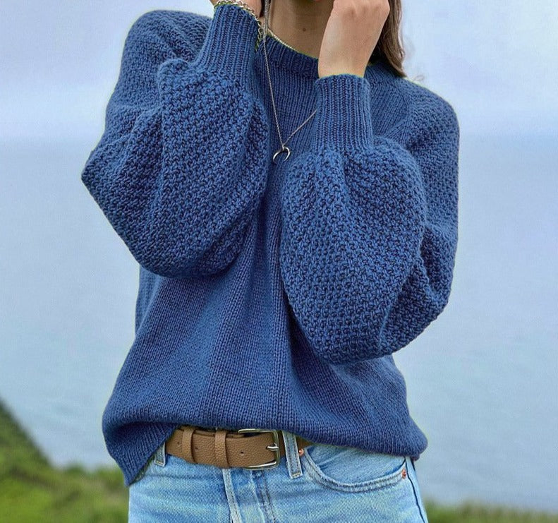 Beautiful monochrome blue sweater with balloon sleeves