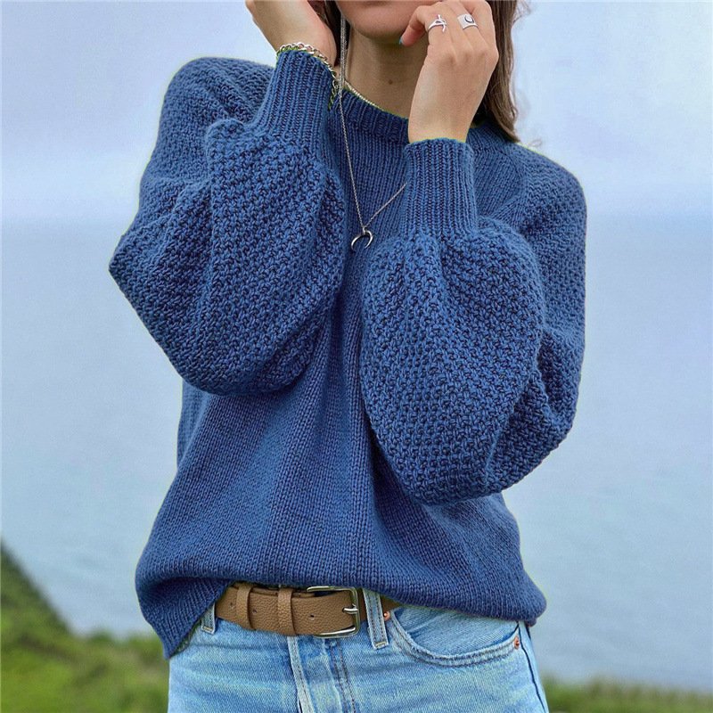 Beautiful monochrome blue sweater with balloon sleeves