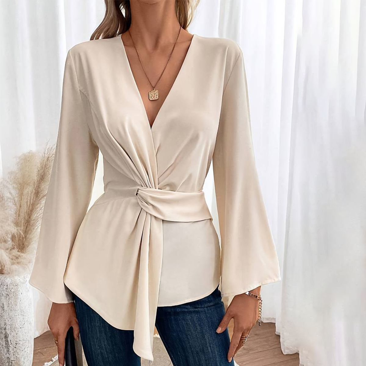 Apricot Solid Long Sleeve Top