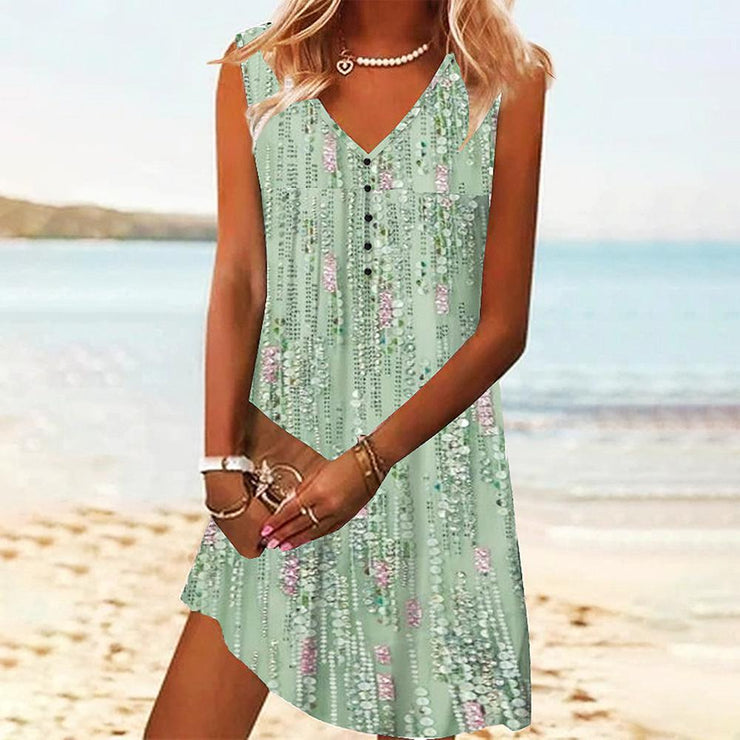 Green sleeveless print mini dress