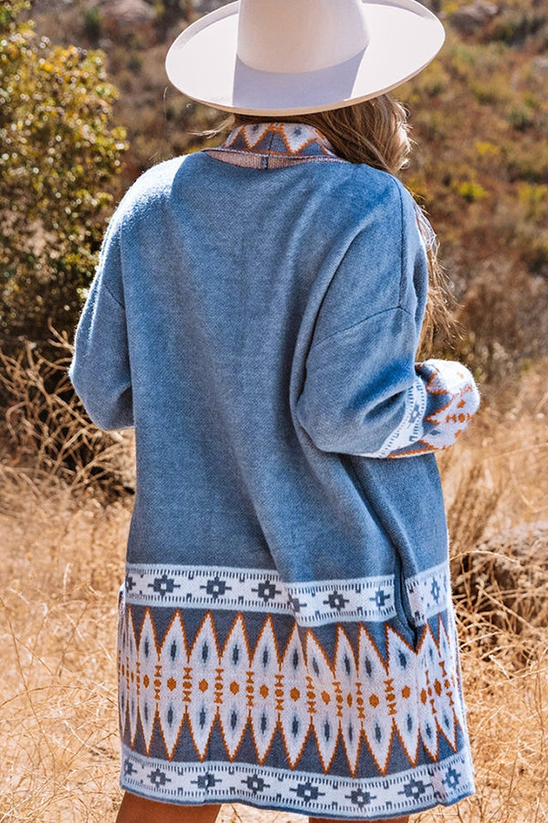 Women's Pullover Blue Aztec Pattern Front Open Knitted Cardigan