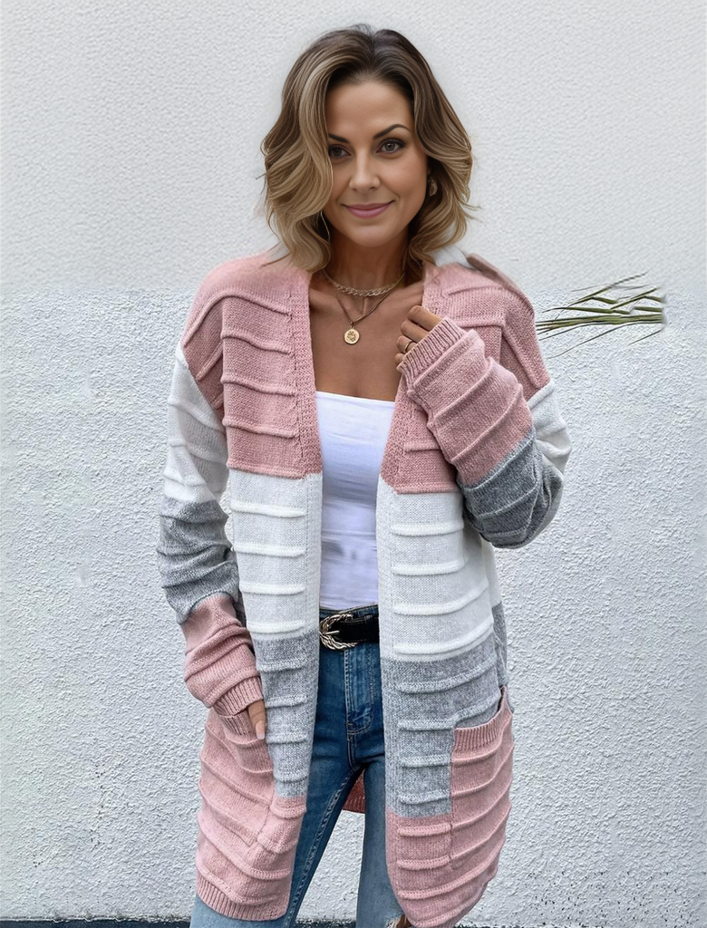 Open cardigan with pink color block