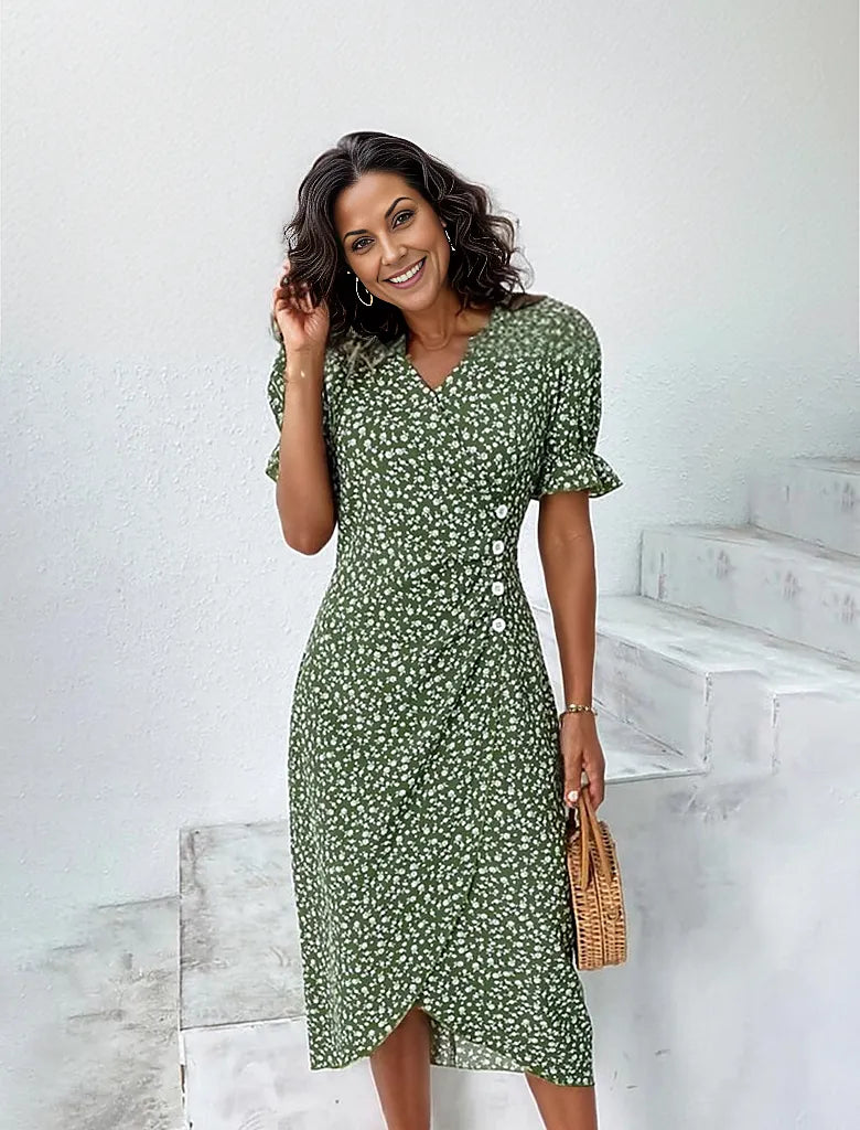 Fresh short sleeve green midi dress