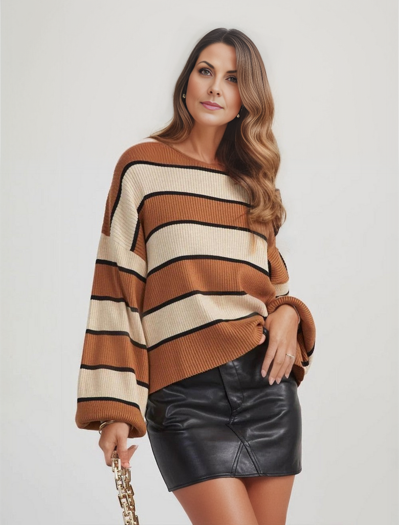 Brown color block long sleeve sweater