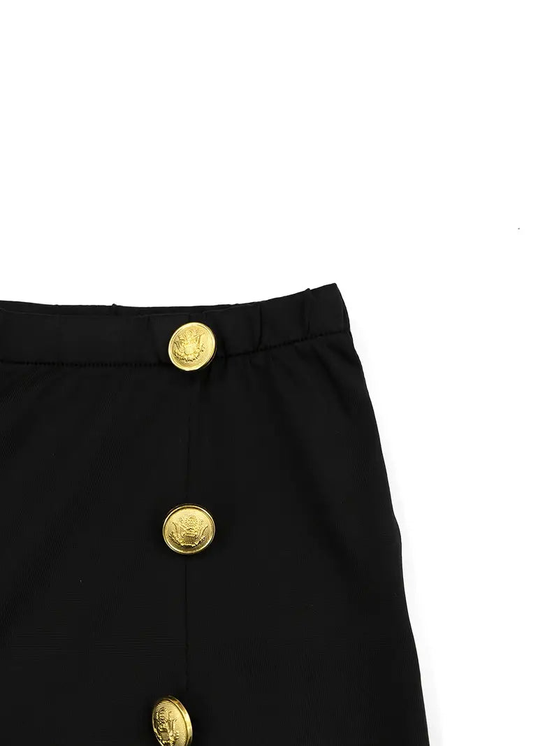 Elegant Black High Waist Gold Button Pants