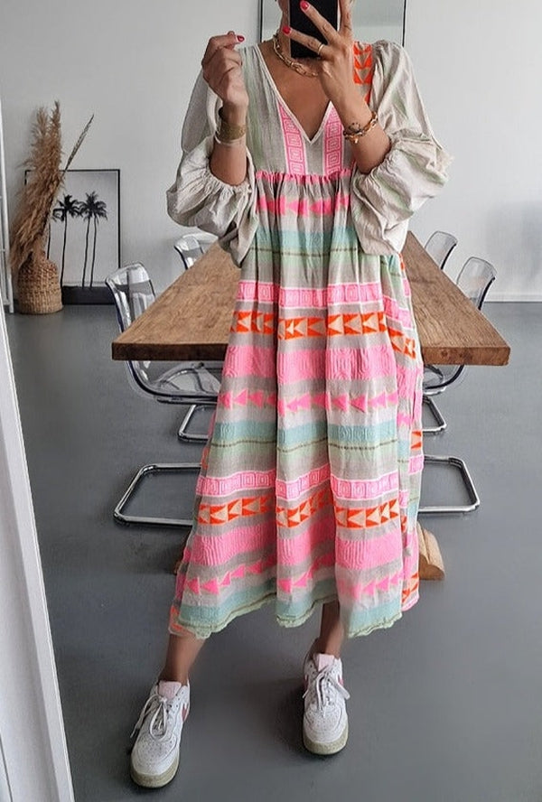 Pink striped midi dress with Greek key and orange chain