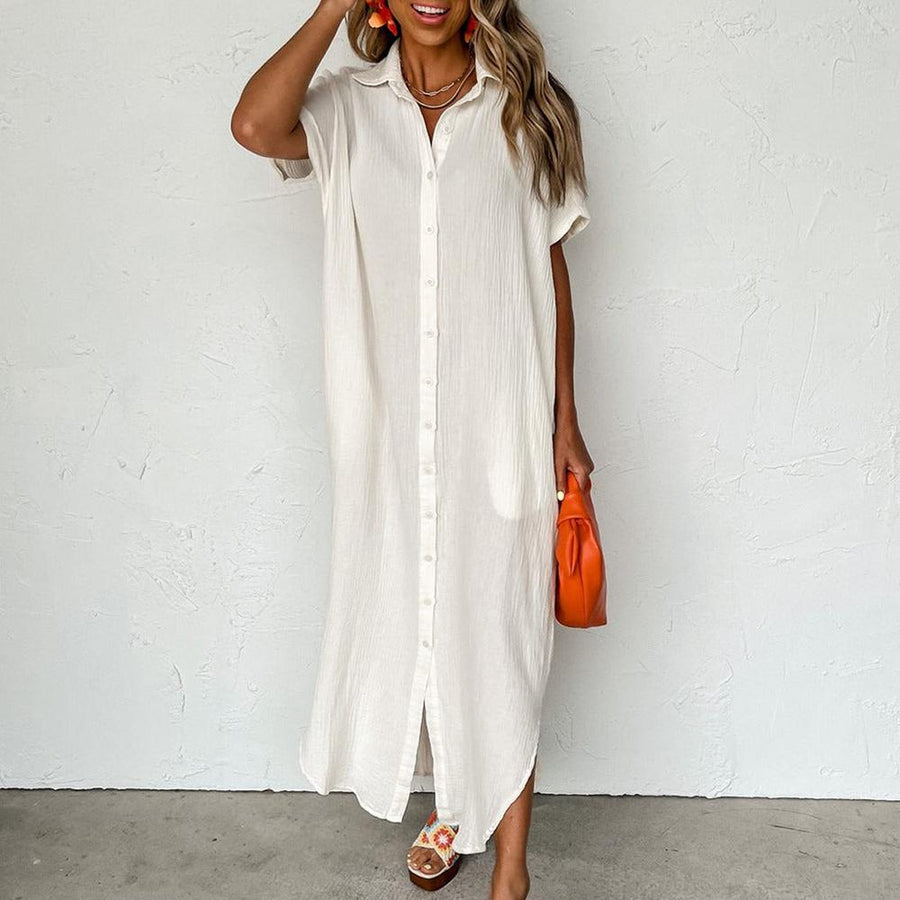 White maxi dress with short sleeves