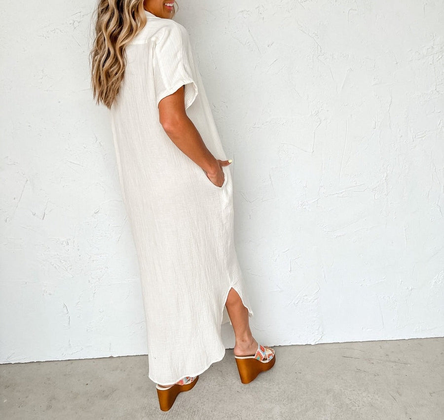 White maxi dress with short sleeves