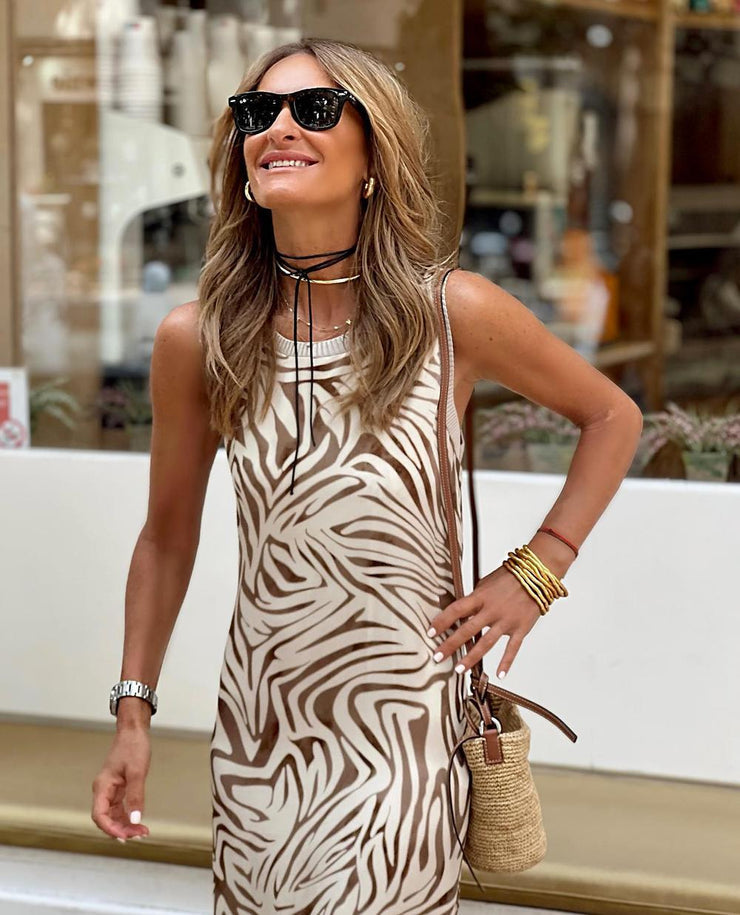 Brown print maxi dress without sleeves