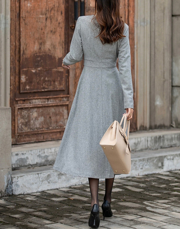 Grey Solid Color Midi Dress with Side Pockets