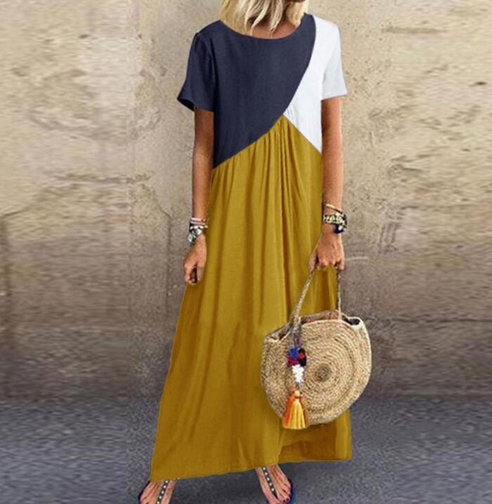 Half sleeves Long patchwork khaki maxi dress