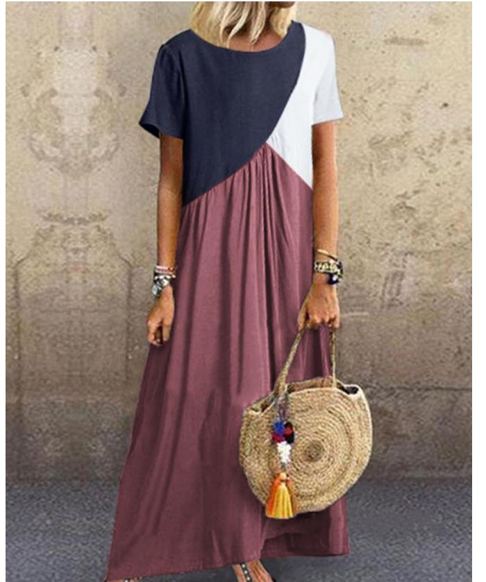 O-Neck Patchwork Purple Long Maxi Dress