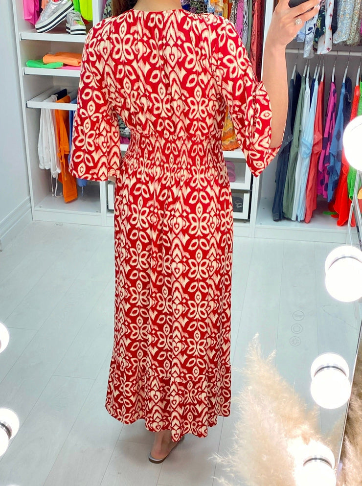 Red mosaic print maxi dress with 3/4 sleeves