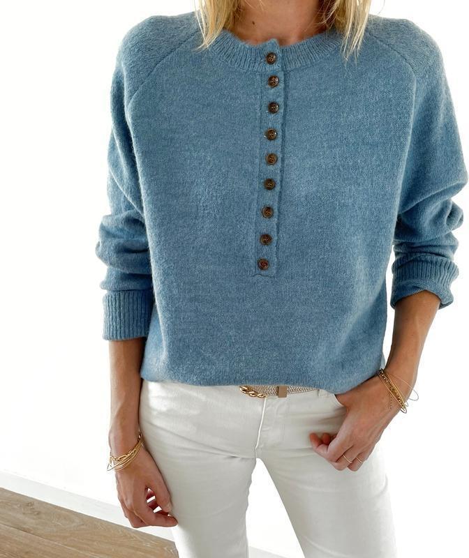 Sky blue sweater with V-neck and button placket