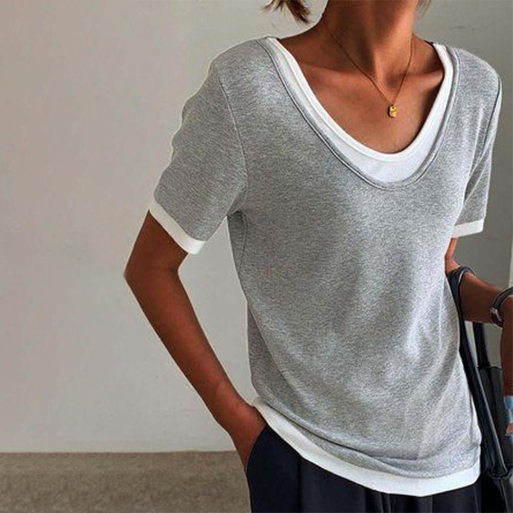 Twofer Layered Gray In White Round Collar Top