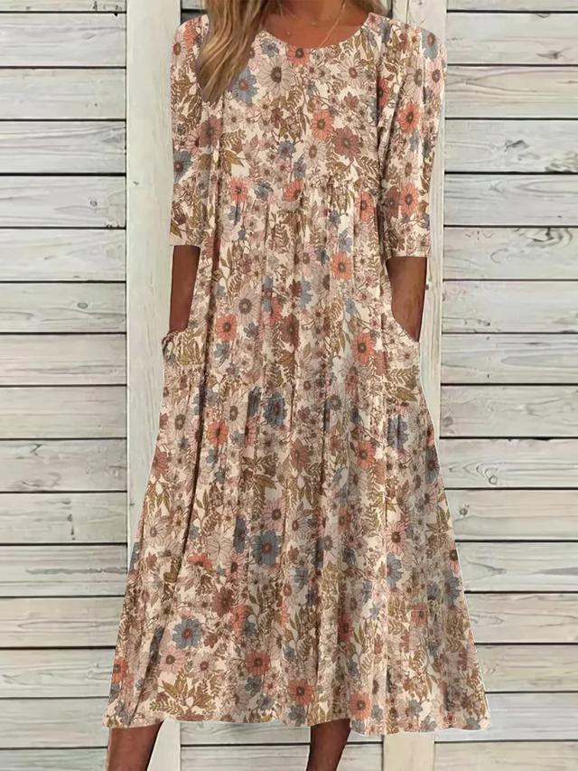 Floral meadow print double pocket maxi dress