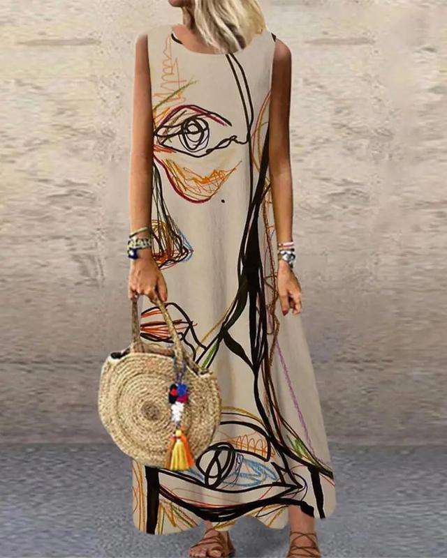 Abstract Art Apricot Sleeveless Maxi Dress