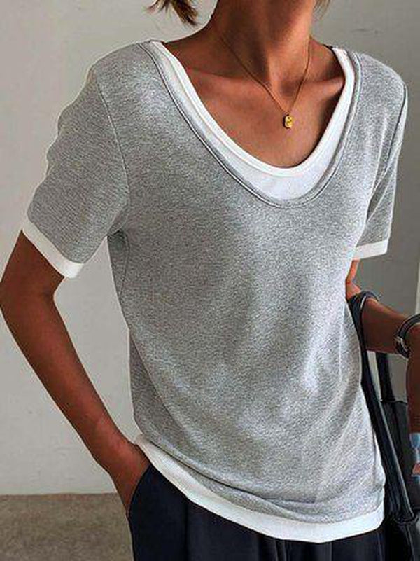 Twofer Layered Gray In White Round Collar Top