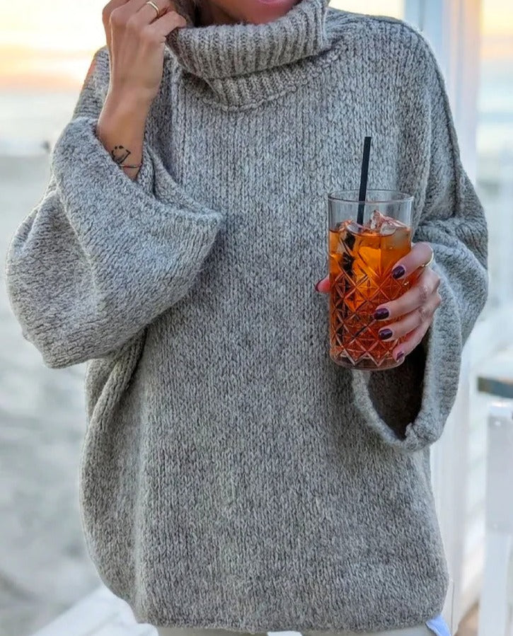 Baggy Plain Sweater with High Neck