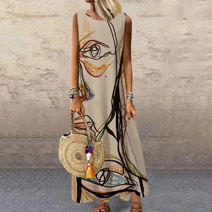 Abstract Art Apricot Sleeveless Maxi Dress