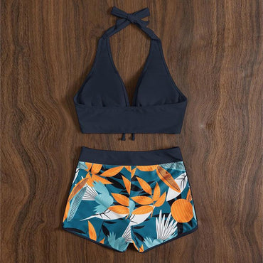 Navy blue sleeveless print swimwear