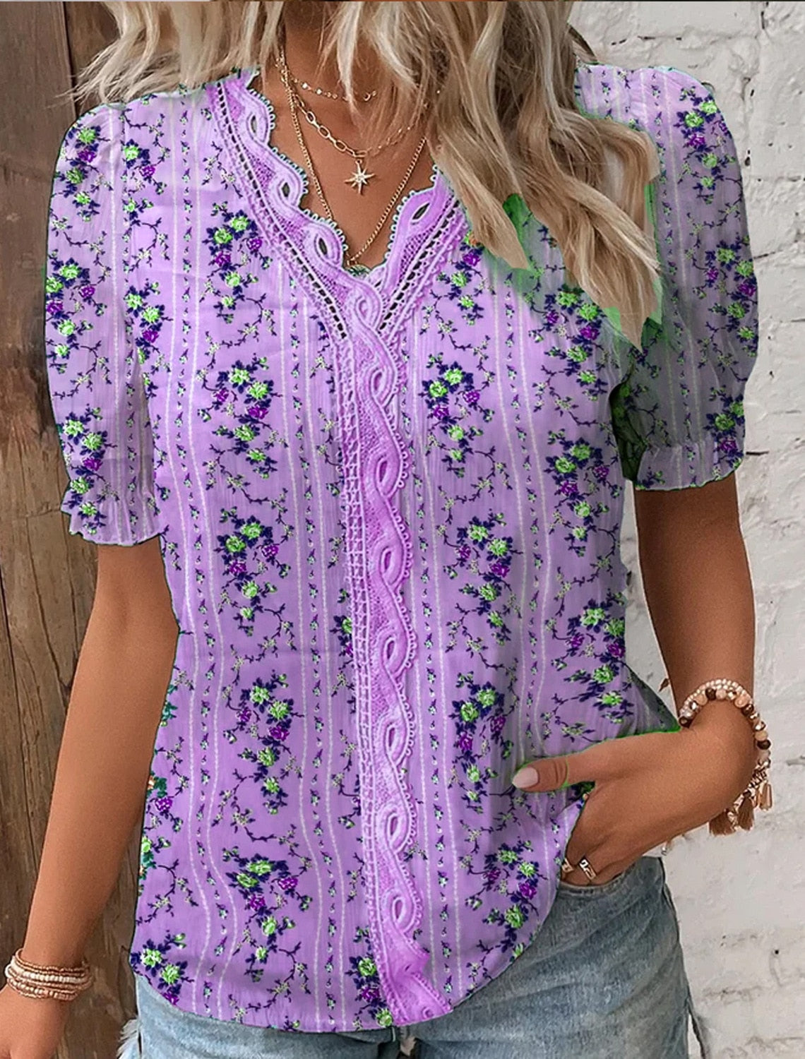 V-neck Short Sleeve Purple Casual Blouse