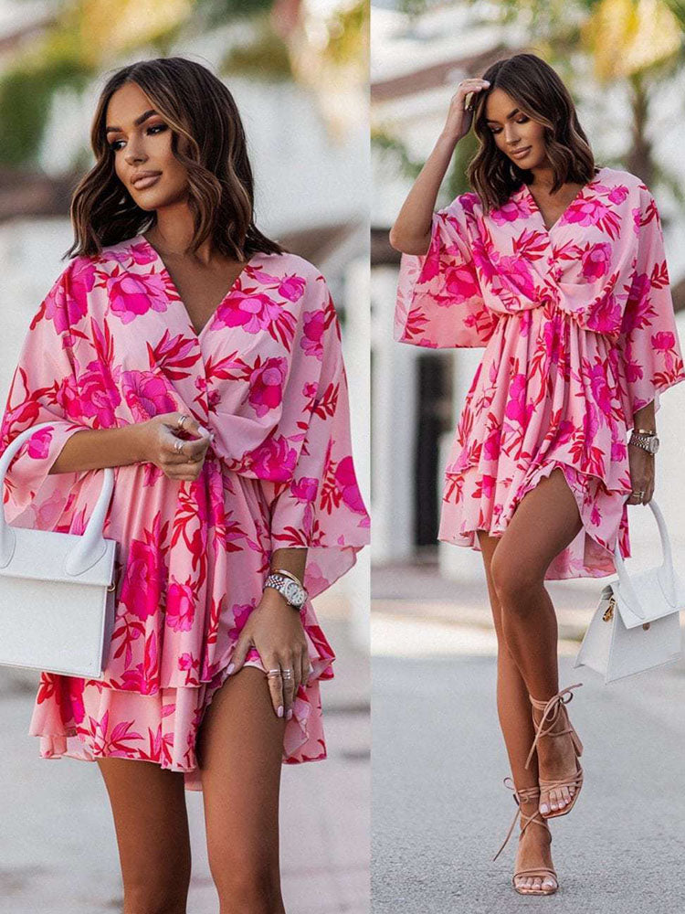 Dark Pink Bat Sleeves V Neck Boho Mini Dress With Floral Pattern