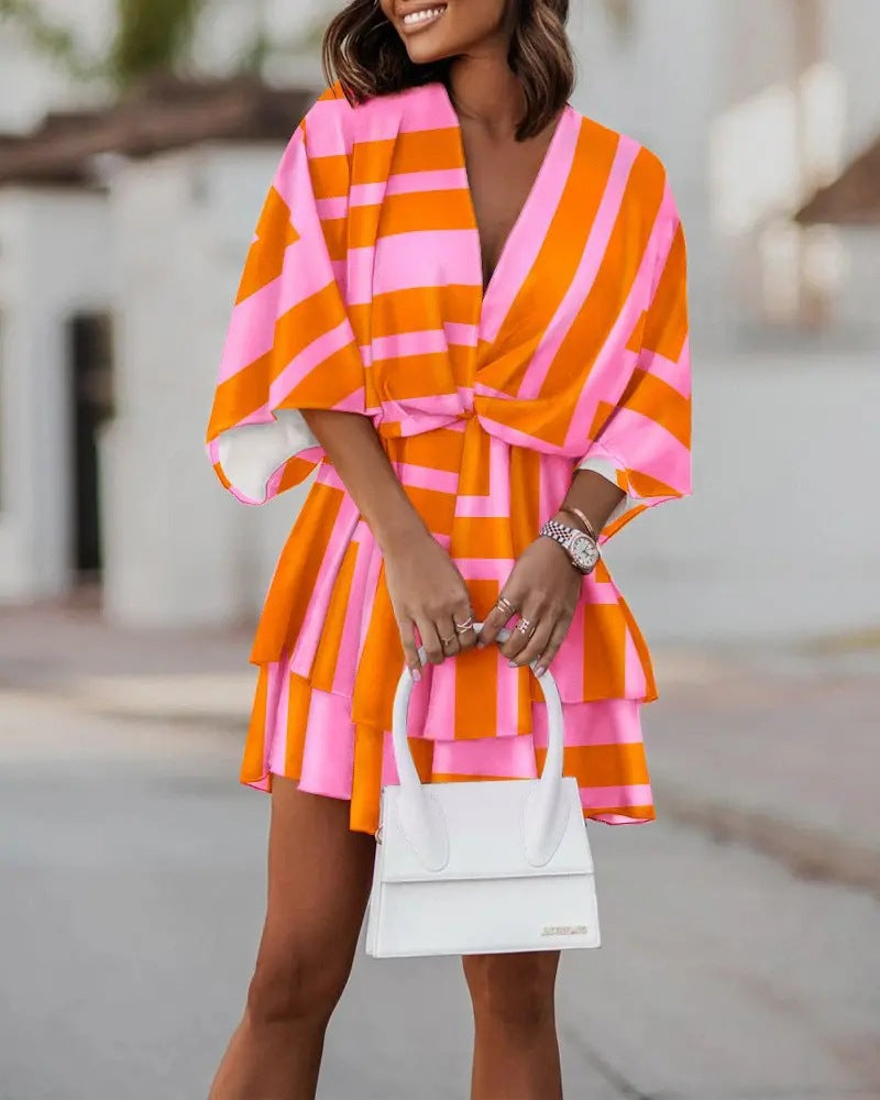 V-neck Boho Casual Bat Sleeves Orange Stripe Flower Mini Dress