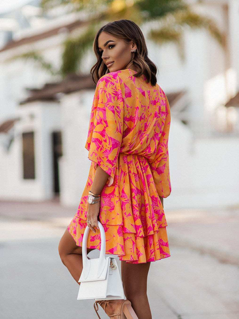 V-neck Boho Casual Bat Sleeves Orange Floral Mini Dress