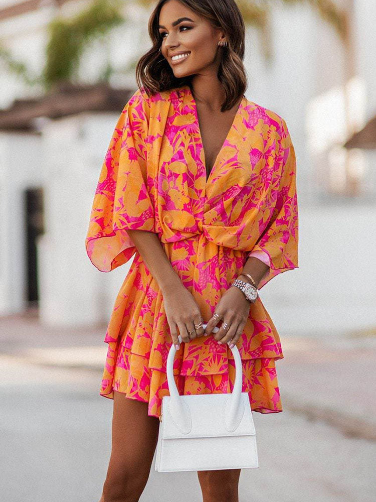 V-neck Boho Casual Bat Sleeves Orange Floral Mini Dress