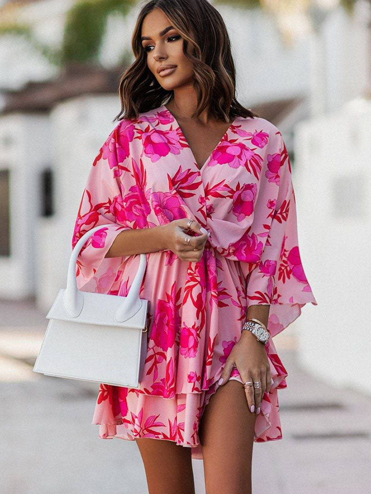 Dark Pink Bat Sleeves V Neck Boho Mini Dress With Floral Pattern