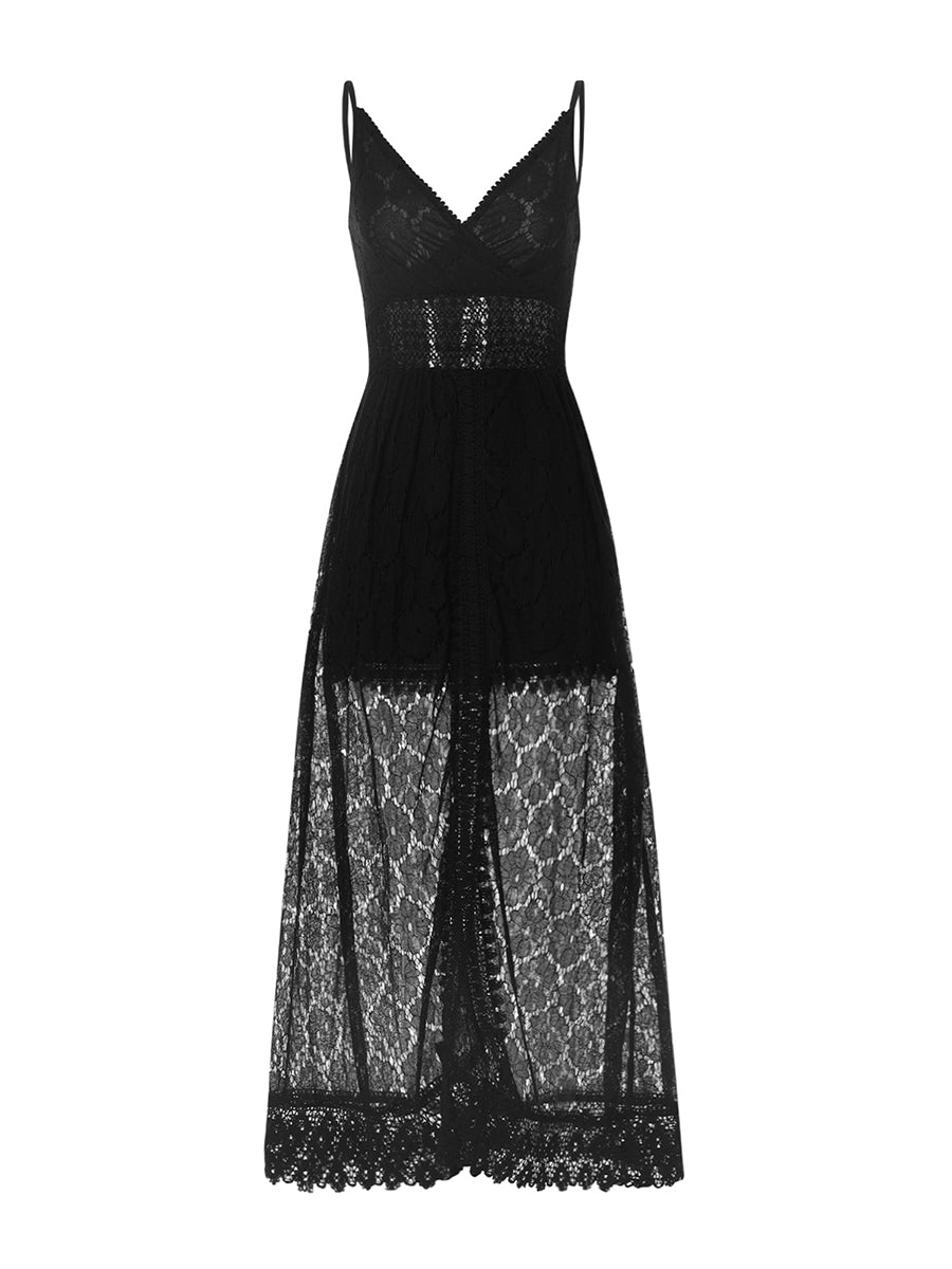 V Neck Lace Sleeveless High Waist Casual Women Black Jumpsuit