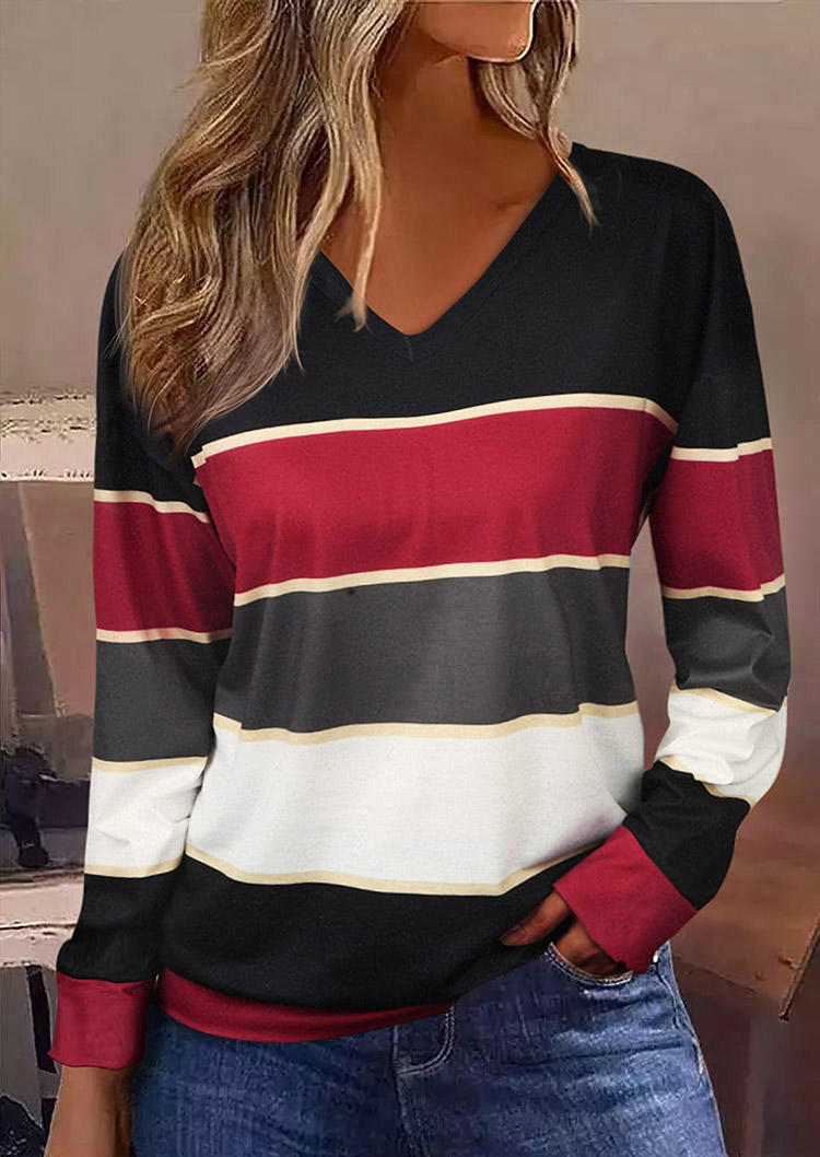 Color Block Long Sleeve V-neck Blouse