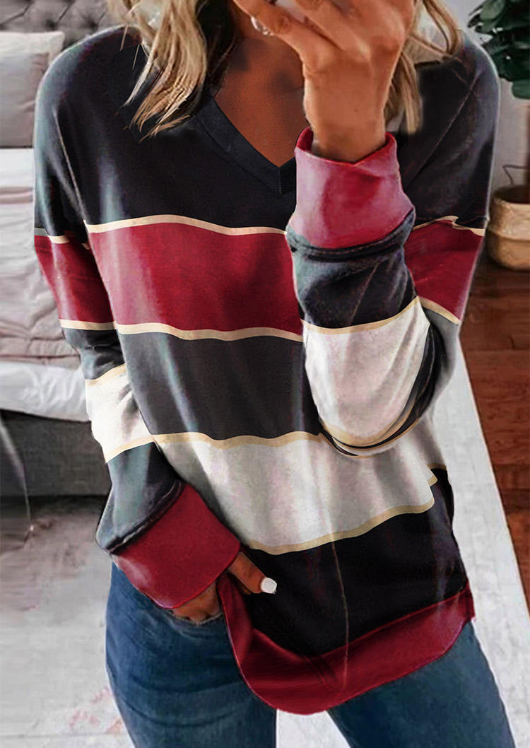 Color Block Long Sleeve V-neck Blouse